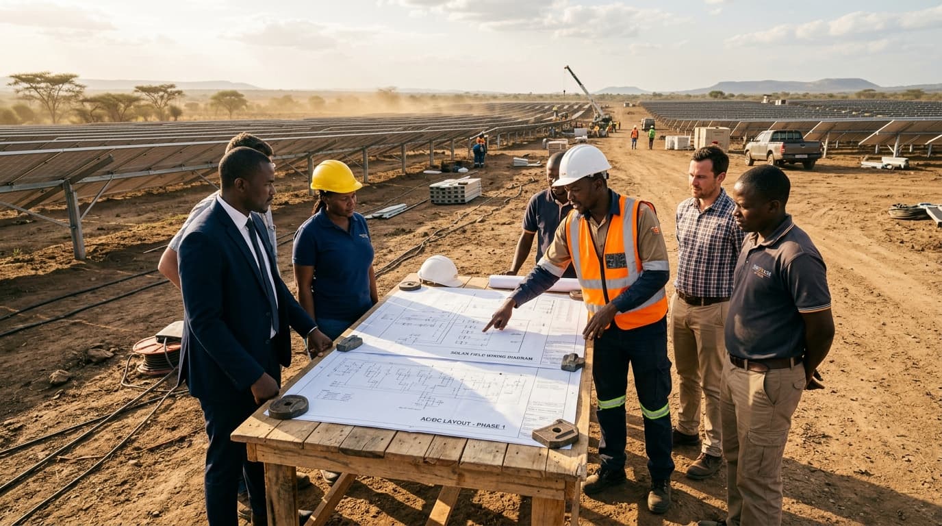 Project team reviewing site drawings at a solar construction site