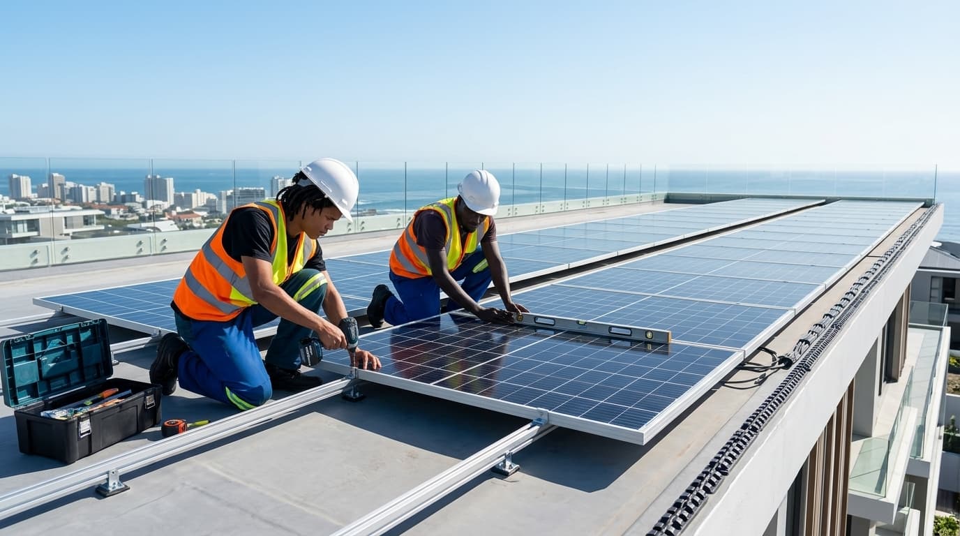 Two technicians installing solar panels on a rooftop