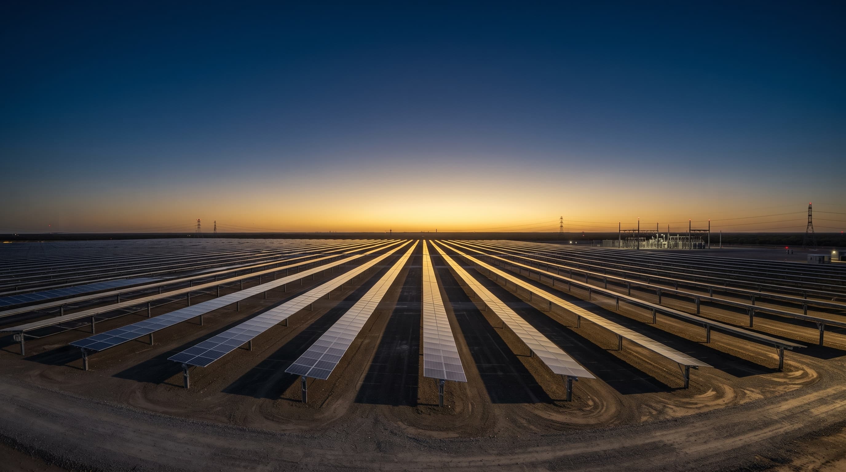 Aerial view of a utility-scale solar PV plant at sunset, rows of panels stretching to the horizon