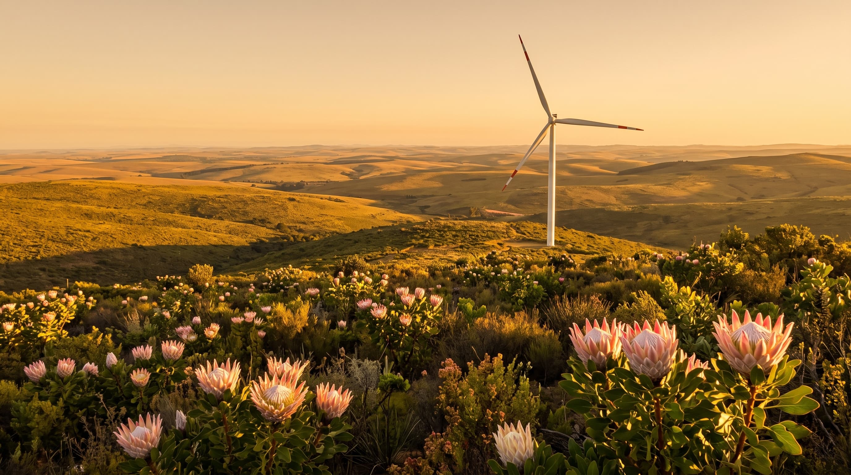 Wind turbine on a fynbos-covered hillside in golden evening light