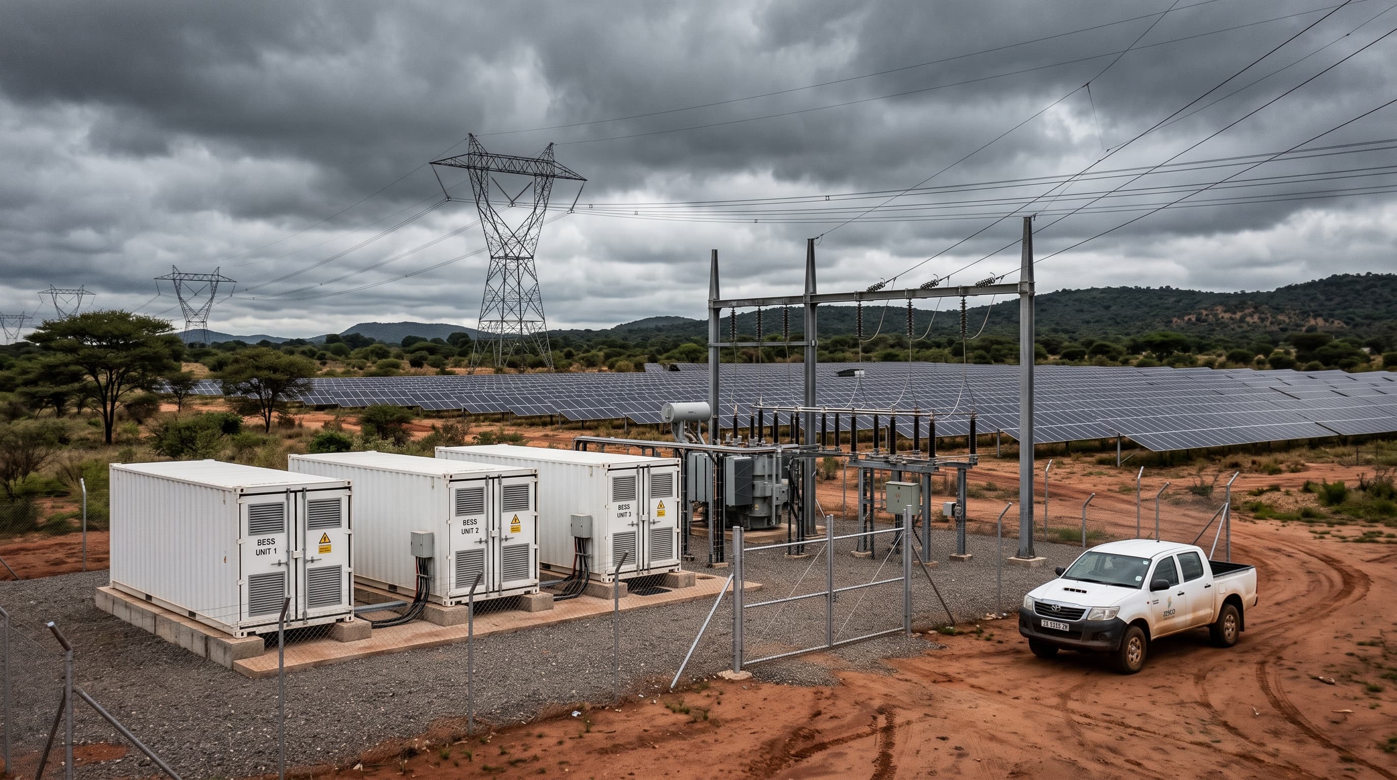 Containerised battery energy storage units beside a substation under a stormy sky