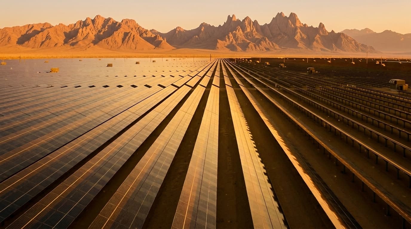 Desert solar field at dawn with mountains on the horizon