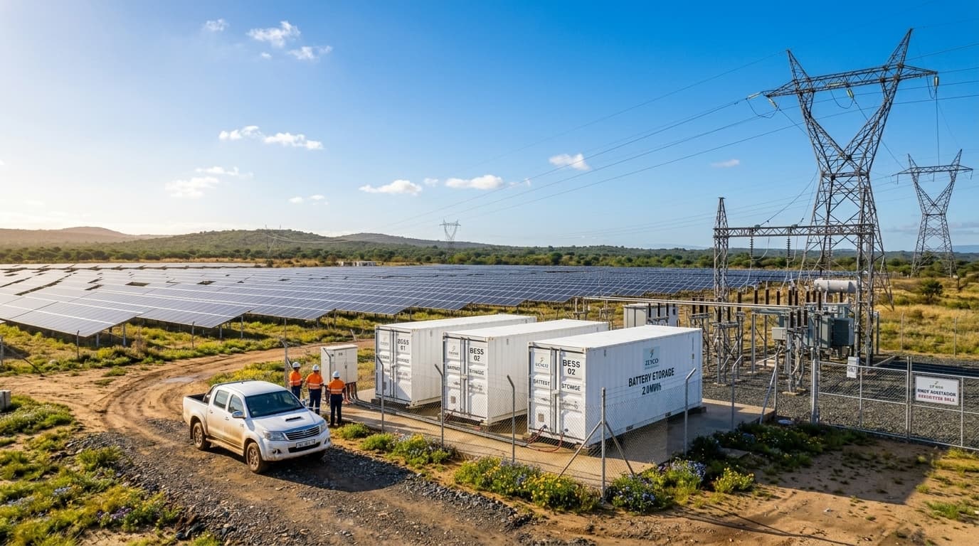 Solar plant, battery containers and a substation under a clear sky