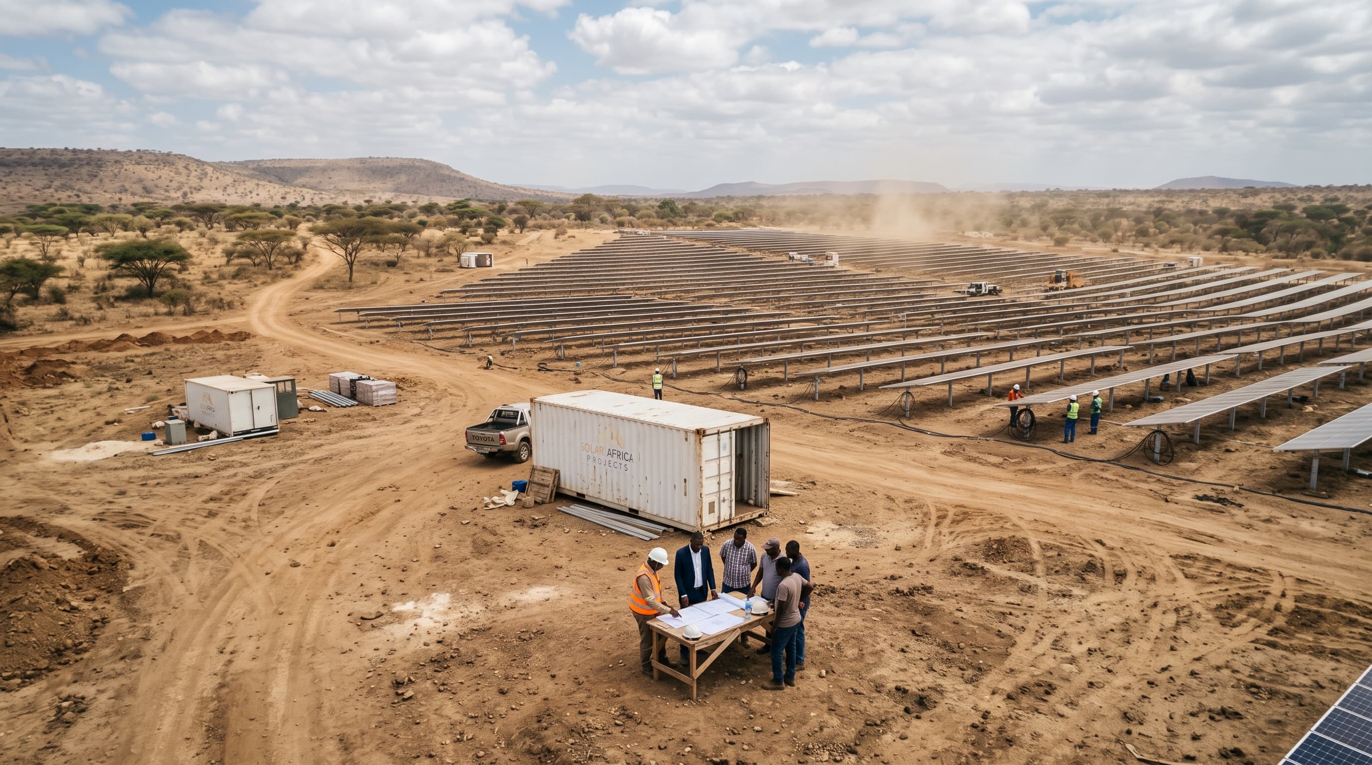 Aerial view of a solar construction site with a project team on the ground